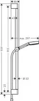 Hansgrohe Brausestange mit Halterung, einstellbar in der Höhe. Rohrdurchmesser von 22 mm, Maße und Montagepunkte sind aufgezeichnet.